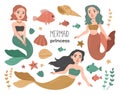 Cute little mermaids clip art with sea plants. Kawaii princess girl Royalty Free Stock Photo